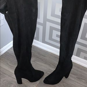 Black thigh high peep toe heels